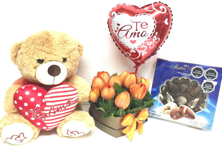 Caja Corazn de 10 Tulipanes, Peluche con Corazn 30cm, Bombones 250grs y Globito